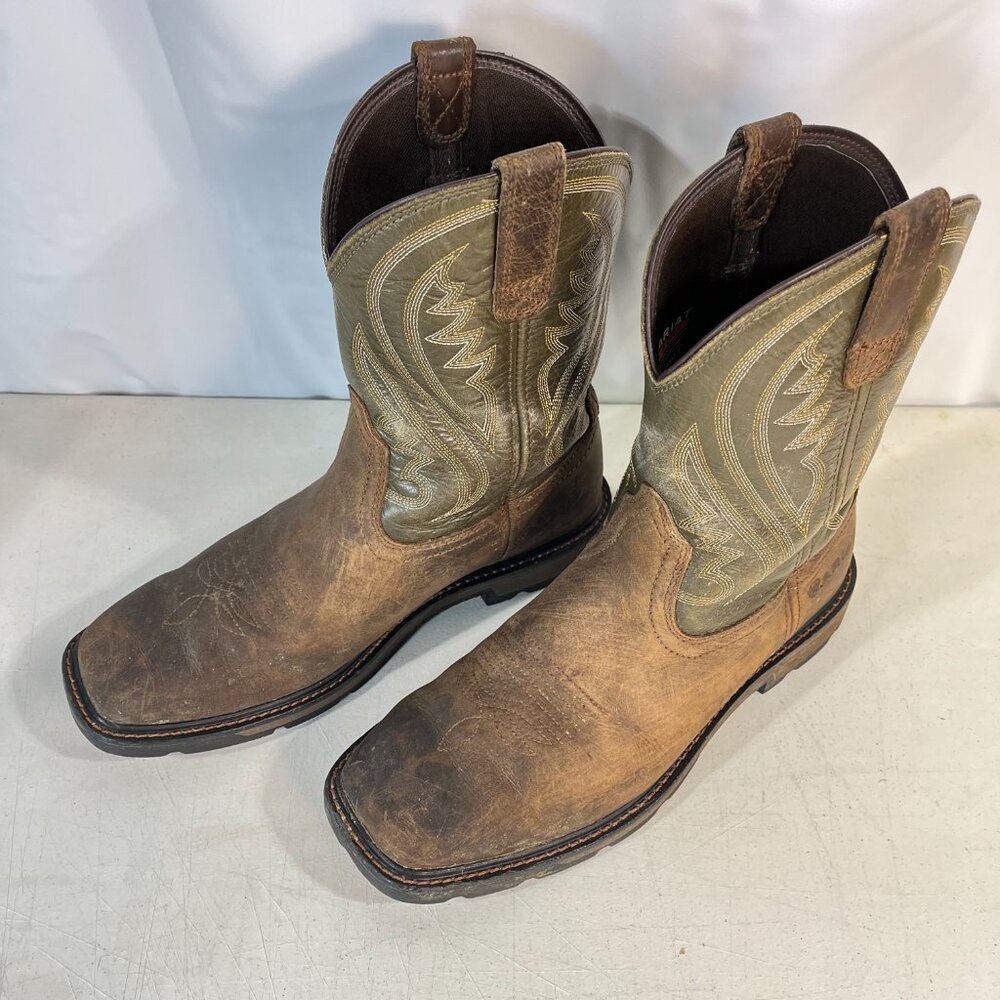 Ariat Groundstomper Work Boots Brown/Olive Green Men’s 9.5 D Pull-On Square Toe - Picture 2 of 15